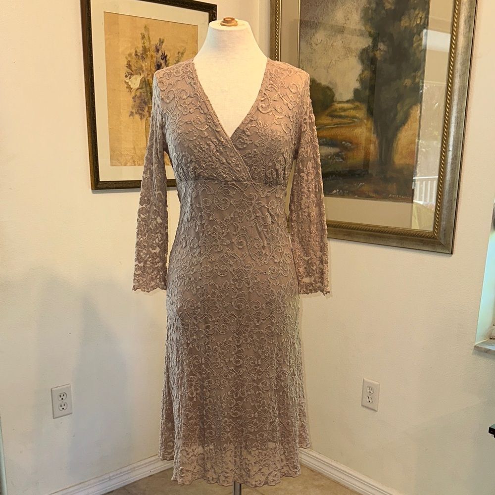 E. R. G. Collection Elegant Gold Shimmer Lace Dress Size Large View 2
